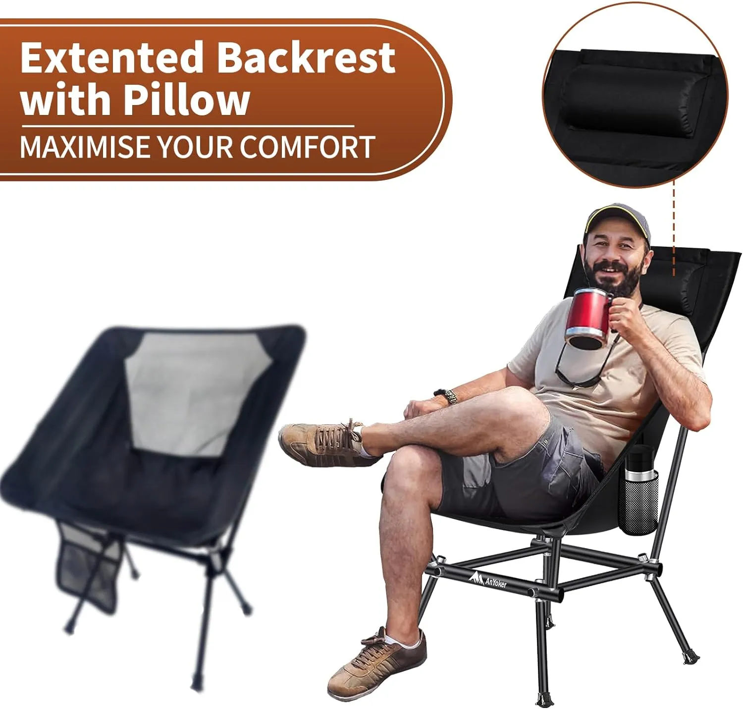 Camping Chair, Compact Backpacking Chair, Portable Folding Chair, Beach Chair with Side Pocket and headrest, Lightweight Hiking 188ZZ-SJB (Black 2 Pack)