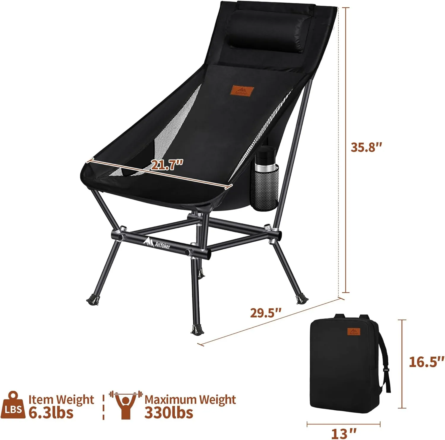 Camping Chair, Compact Backpacking Chair, Portable Folding Chair, Beach Chair with Side Pocket and headrest, Lightweight Hiking 188ZZ-SJB (Black 2 Pack)