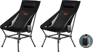 Camping Chair, Compact Backpacking Chair, Portable Folding Chair, Beach Chair with Side Pocket and headrest, Lightweight Hiking 188ZZ-SJB (Black 2 Pack)
