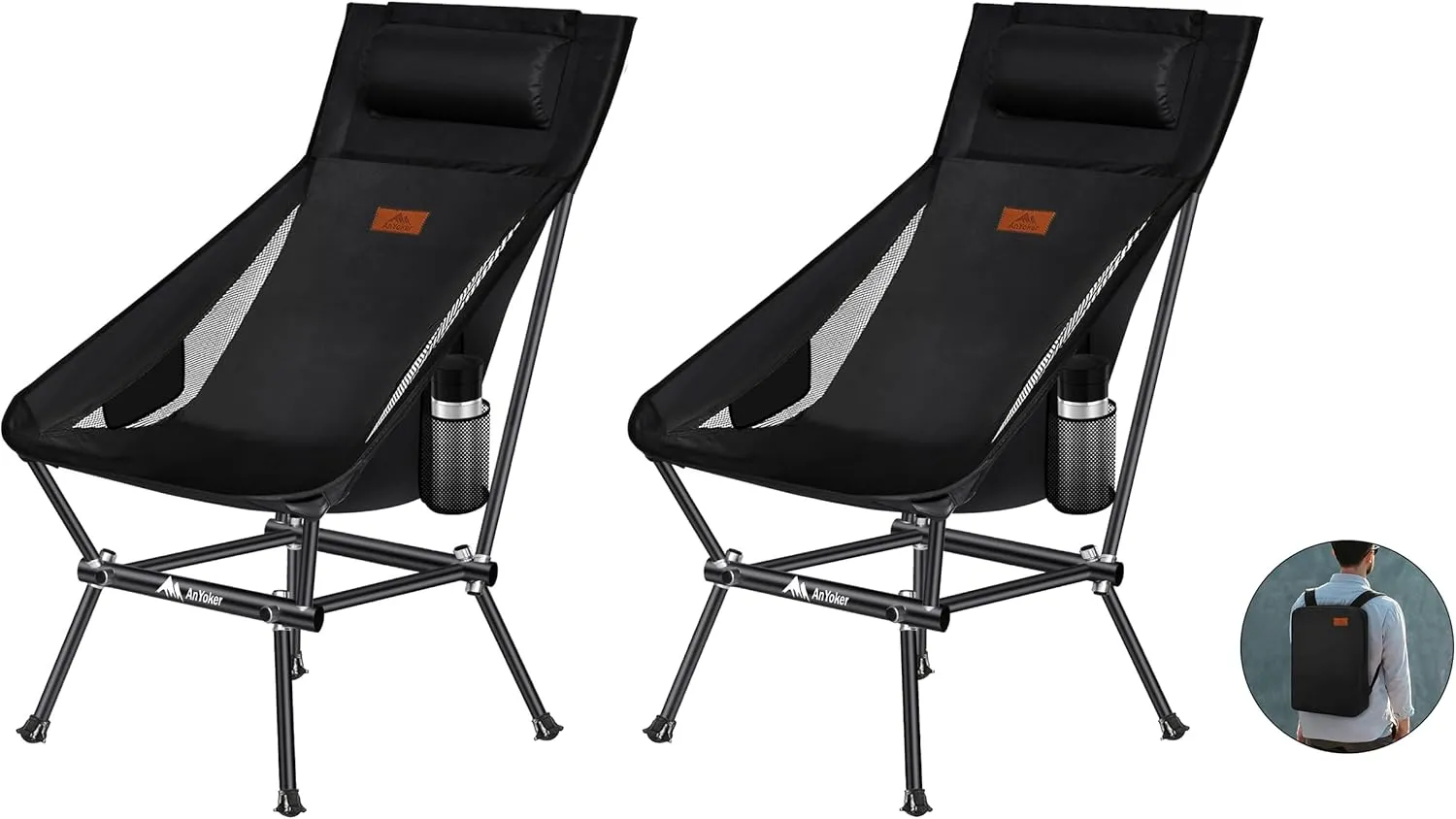 Camping Chair, Compact Backpacking Chair, Portable Folding Chair, Beach Chair with Side Pocket and headrest, Lightweight Hiking 188ZZ-SJB (Black 2 Pack)