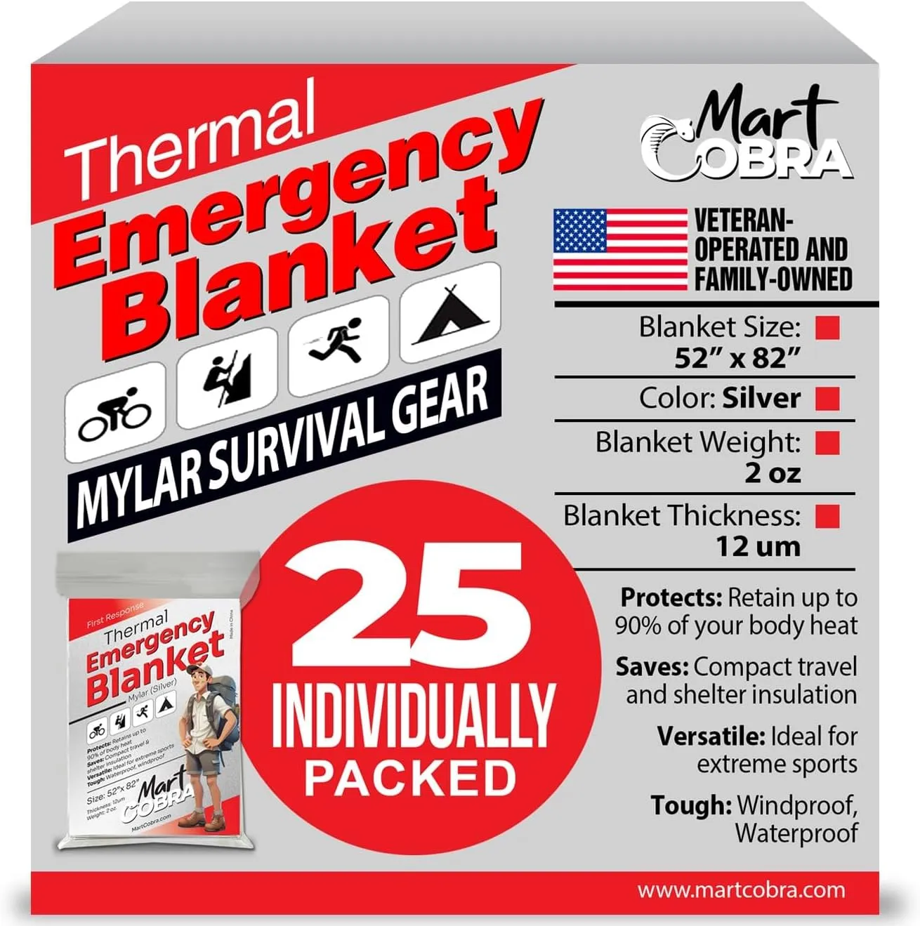 Mart Cobra Emergency Blanket 25-Pack Space Mylar Blankets Survival Gear and Supplies Reusable Thermal Camping Essentials Hiking First Aid Car Emergency Kit Prepper Foil Bug Out Bag Warm Cat Cold Snow
