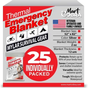 Mart Cobra Emergency Blanket 25-Pack Space Mylar Blankets Survival Gear and Supplies Reusable Thermal Camping Essentials Hiking First Aid Car Emergency Kit Prepper Foil Bug Out Bag Warm Cat Cold Snow